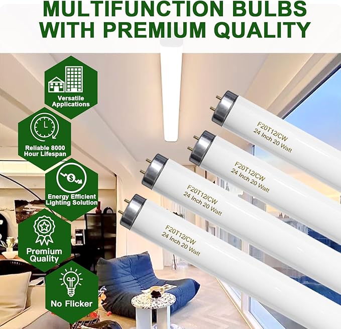 F20T12/CW 20 Watt Light Bulb Cool White, 24 Inch T12 Fluorescent Tube 20W Compatible with Philips Sylvania GE Light Fixture G13 Cap 4 Count