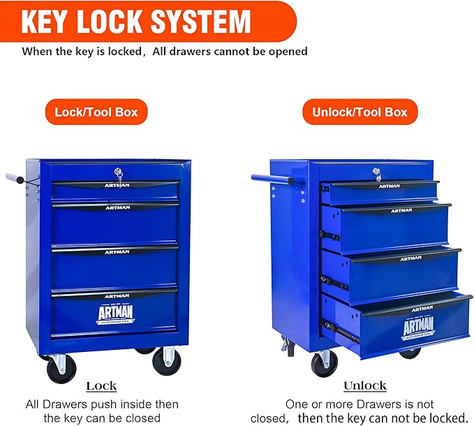 4 Drawers Rolling Tool Box on Wheels, Multifunctional Tool Chest Cabinet with Lock, Drawers Rolling Tool Cart Trolley Organizer Tool Storage Case for Warehouse,Garage,Workshop (Blue)