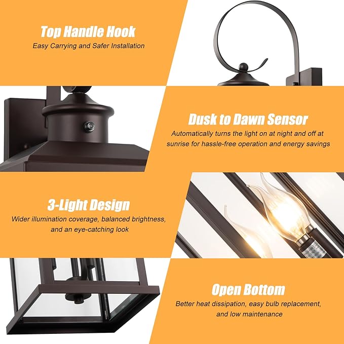 2Pack Dusk to Dawn Outdoor Wall Light Fixture, 24in Bronze Large 3-Light Modern Porch Lantern, Waterproof Exterior Lighting Sconce Wall Mount, Outside Lamp for House Garage Patio E12 Base