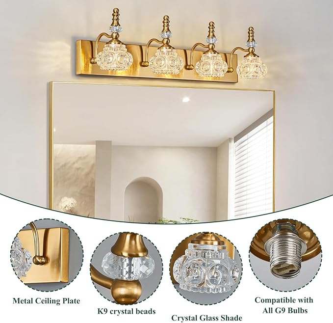 Modern Glass Crystal Vanity Light - Vintage Bathroom Lighting Fixtures Over Mirror, 4 Light Vanity Lights G9 Bulb (27.55 Inch, Gold)