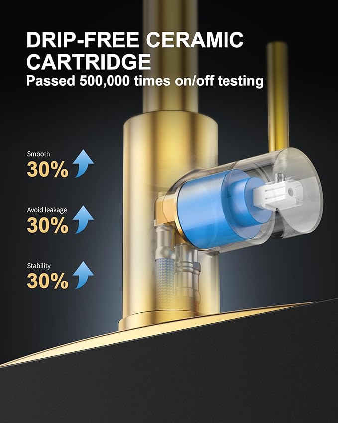 Kitchen Sink Faucet with Soap Dispenser: Brushed Gold Kitchen Faucets with Pull Down Sprayer - Stainless Steel Single Handle Kitchen Faucet with Deck Plate for Farmhouse RV Laundry