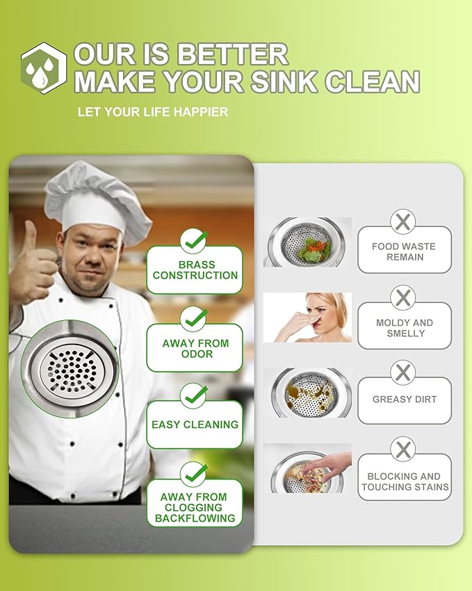 Commercial Sink Drain: 3-1/2" Sink Opening Waste Drain Valve - Brass Kitchen Sink Drain With Twist Handle - Commercial Sink Stopper Prevents Sink Clogged Overflow For Restaurant Multi-Basin Sink