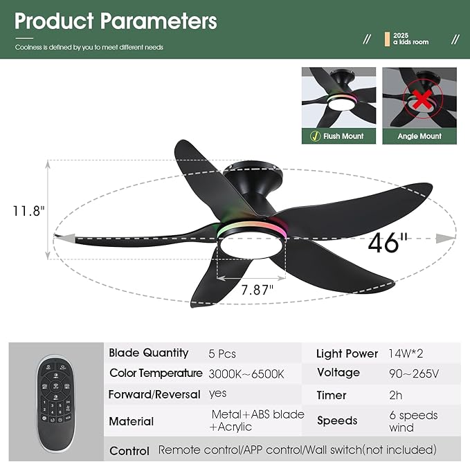 46" Ceiling Fans with Lights Remote/APP Control, Low Profile Ceiling Fans with Dimmable White Colors+Ring RGB Lights, 6 Speeds 5 Reversible Curved Blades for Kids Room Bedroom Living Room Bar, Black