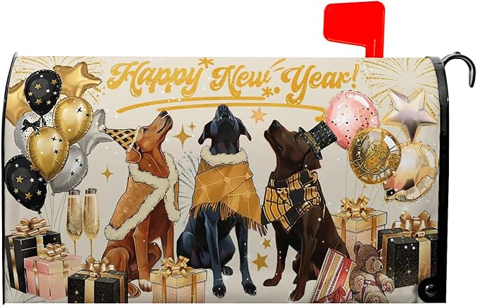 Happy New Year Extra Magnetic Mailbox Covers 25.5x21 Inch Winter Dogs Balloon Holiday Post Mail Box Cover Large Size for New Year Garden Outdoor Decor