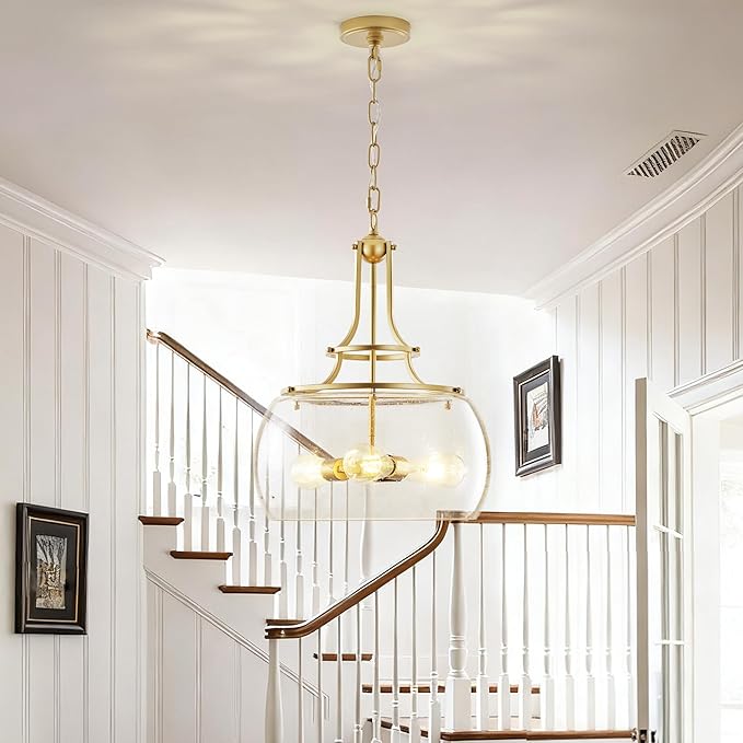 Industrial Round Chandelier Rustic Ceiling Light Fixture 3-Light Farmhouse Pendant Light with Seeded Glass Shade for Dining Room Hallway Entryway Kitchen Bedroom, Gold