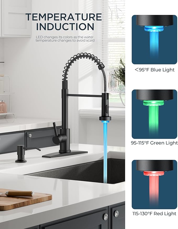 FORIOUS LED Kitchen Faucet with Soap Dispenser, Black Stainless Steel Traditonal Spring Commercial Pull Out Sink Faucet with Pull Down Sprayer for Laundry & Utility RV Camper Bar Farmhouse