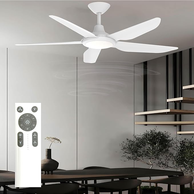 52 Inch Modern White Ceiling Fans with Lights, Ultra Quiet for Low Ceiling Bedroom, Sleep Mode Timer, 9 Speed Remote Control Dimmable LED Light, Easy Install