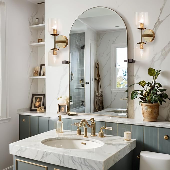 Minimalist Aged Brass Metal Double Wall Sconce, Modern Durable Ribbed Glass Shades Vanity Light, Bathroom Wall Mounted Light Beside Mirror, Wall Light for Hallway, Living Room (Brass)