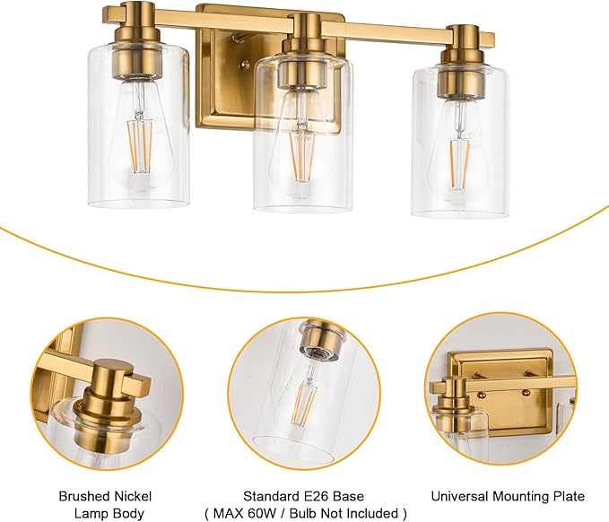 3 Lights Bathroom Lighting Fixtures Over Mirror Gold Bathroom Vanity Light Fixture Farmhouse Vanity Light Vintage for Bedroom Living Room Hallway