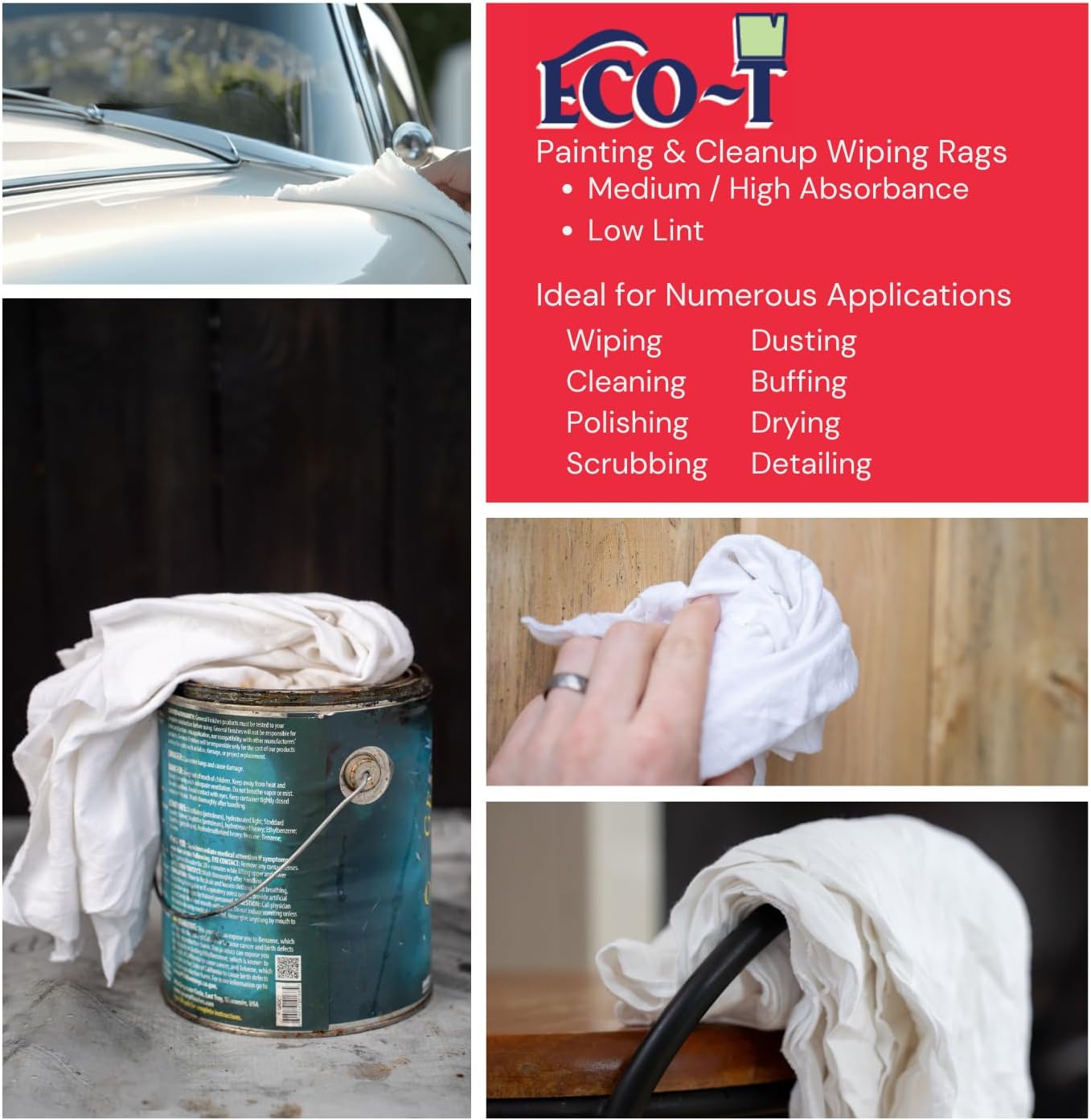 25Lb Box Eco-T Paint Rags - White T-Shirt Material, 100% Recycled, Eco-Friendly, High Absorbency, Low Lint, Low-Cost, Painting and Cleaning Cloth