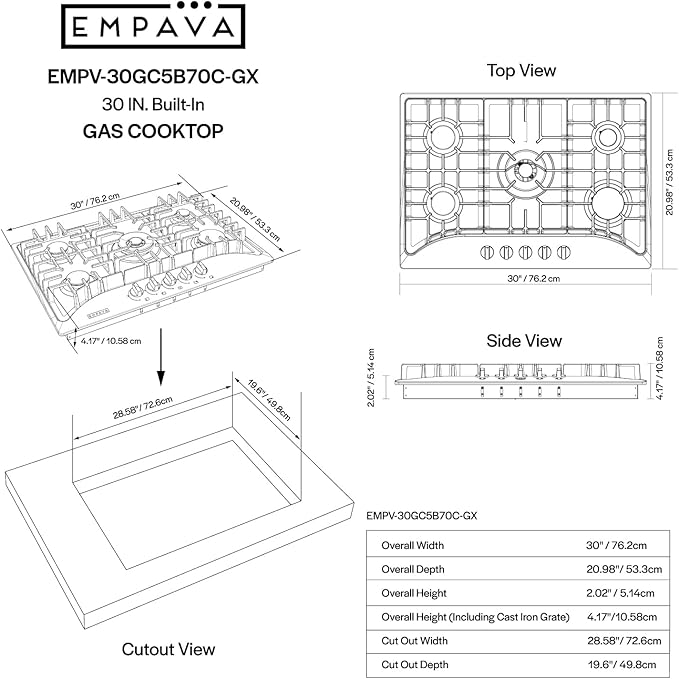 Empava 30 Inch Gas Cooktop with 5 World Class Made in Italy SABAF Burners, LPG/NG Convertible, Ideal RV Top Stoves for Kitchen, Stainless Steel
