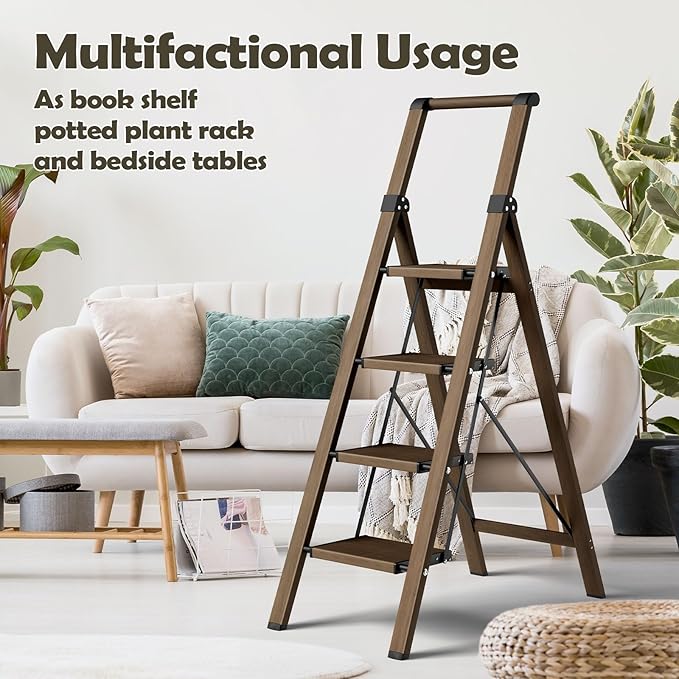 Taranta 4 Step Ladder, Portable Folding Ladder with Wide Pedal, Lightweight Aluminum Step Stool with Convenient Handgrip, 330 lbs Capacity Stepladder for Home, Office - Walnut