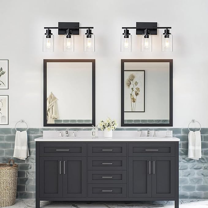 3 Light Bathroom Light Fixtures Black Vanity Light Over Mirror Modern Farmhouse Wall Lighting Sconces Rustic Industrial Wall Lamp for Bathroom, Bedroom, Living Room E26 Socket with Glass Shade