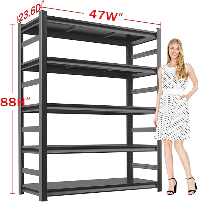 Metal Garage Storage Shelves Heavy Duty Shelving Unit 5 Tier Steel Adjustable Organizing Shelves 3000 LBS Capacity Industrial Shelving Ideal for Garage Tote Pantry Basement Outdoor, 88”Hx47”Wx23.6”D