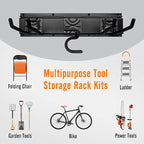 Garden Tool Storage Rack, Outdoor Power Tools Hangers for Garage Wall Organization with 6 assorted Multi-Purpose Hooks, Organizer Holders for Landscaping Equipment, Folding Chairs, Ladders etc.