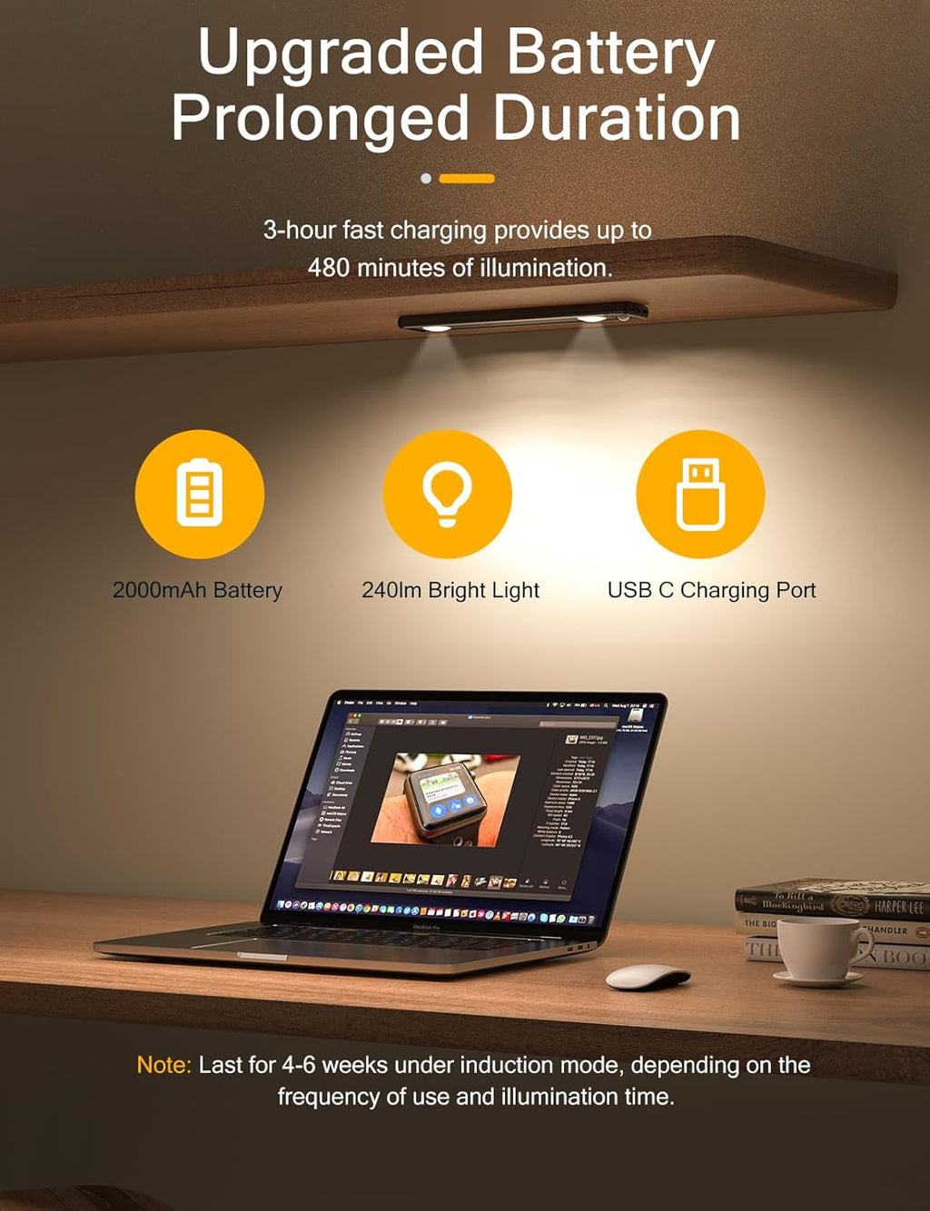 Under Cabinet Lights, Wireless Motion Sensor Light Indoor, Black 10in LED warm Lighting Rechargeable Battery Operated,4 Modes Night Light, Stick-On Magnetic Closet Lights for Kitchen, Hallway(2 Pack)