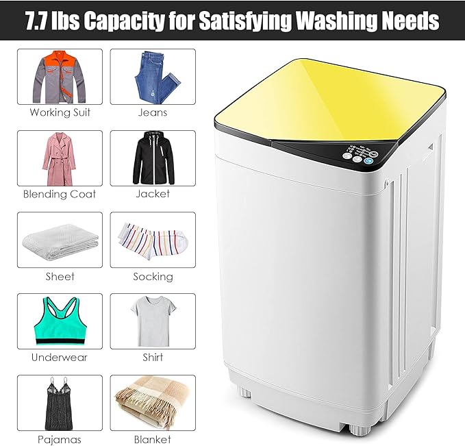 Casart Washing Machine Portable Washer W/ 7.7 Lbs Weight Capacity Washer and Dryer Full Automatic Washing Machine (Yellow& White)