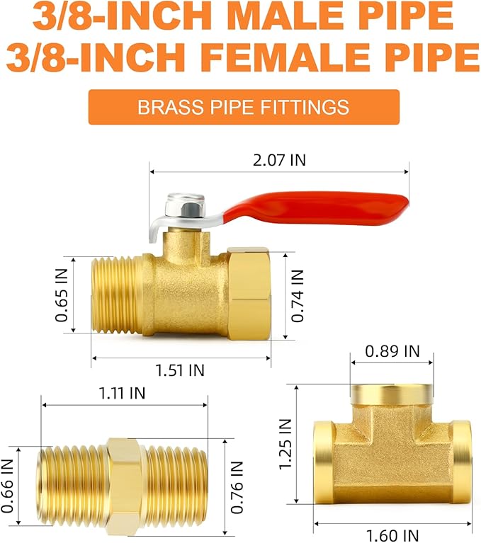 GASHER 6PCS 3/8 Inch NPT Brass Pipe Fitting, Ball Valve, Barstock Tee Brass Pipe Fitting and Air Hose Fitings