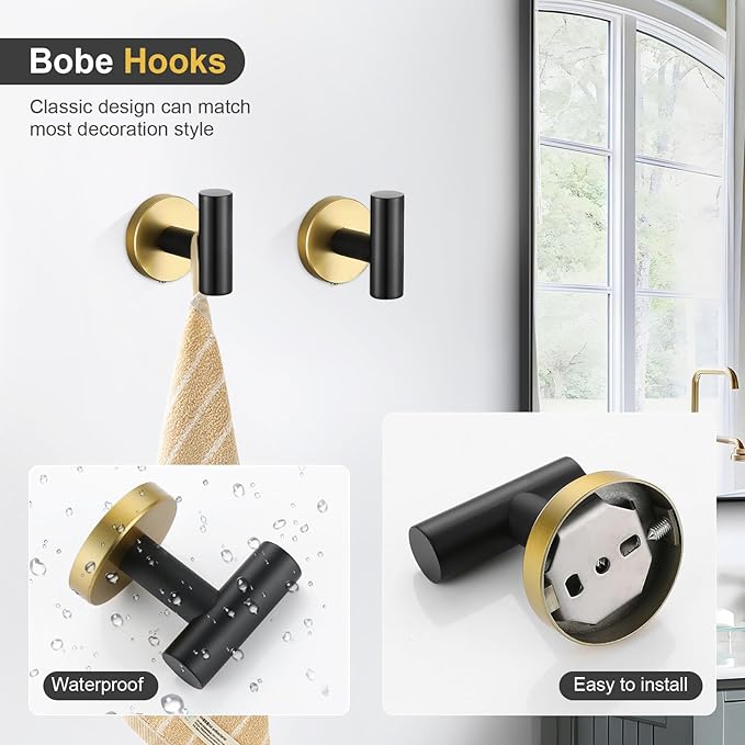 TQKAG Black and Gold Bathroom Accessory Set 5 Pieces, Round Stainless Steel Bath Towel Bar Set 23.6 Inch Towel Racks for Bathroom Wall Mounted