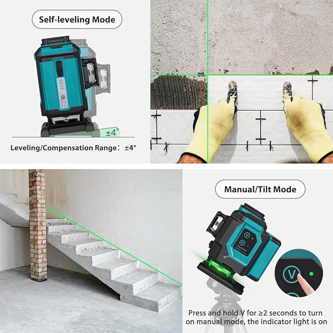 Takamine 3x360° 12 Lines Self Leveling Floor Green Laser Level, Laser Level for Construction/Picture Hanging/Floor/Tile with Remote Controller, Magnetic Rotating Stand and Type-C Charger