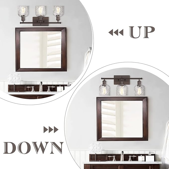 zeyu 3-Light Farmhouse Vanity Light Over Mirror, 21-inch Bathroom Light Fixtures with Hammered Glass Lampshade, Oil Rubbed Bronze Finish, ZJF63B-3W ORB