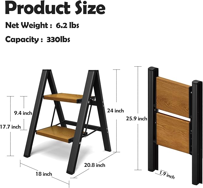 Taranta 2 Step Ladder,Aluminum Lightweight Folding 2 Step Stool with Anti-Slip Wide Pedal, 330lbs Capacity Step Ladder for Household,Kitchen,Office - BlackWoodgrain