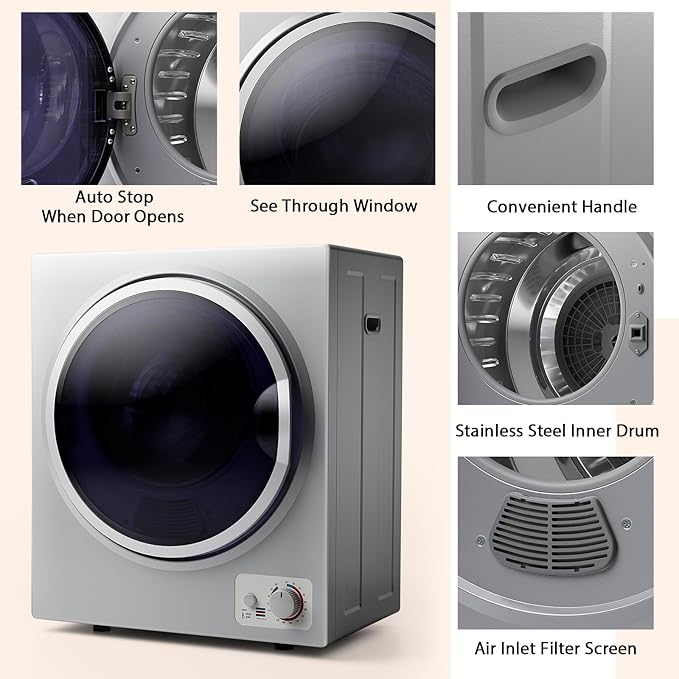 ARLIME Compact Laundry Dryer, Portable Clothes Dryers W/4 Automatic Drying Mode, Small Electric Laundry Dryer W/Stainless Steel Drum & Control Panel For Apartments, Dorm 110V 900W, Silver
