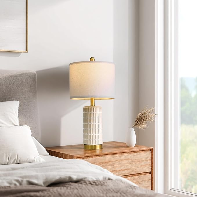 PoKat Small Bedside Table Lamps with USB Ports for Bedroom, 21.5'' White Nightstand Lamps for Night Stands, Modern Ceramic Bedroom Lamps for Living Room End Table, White and Beige