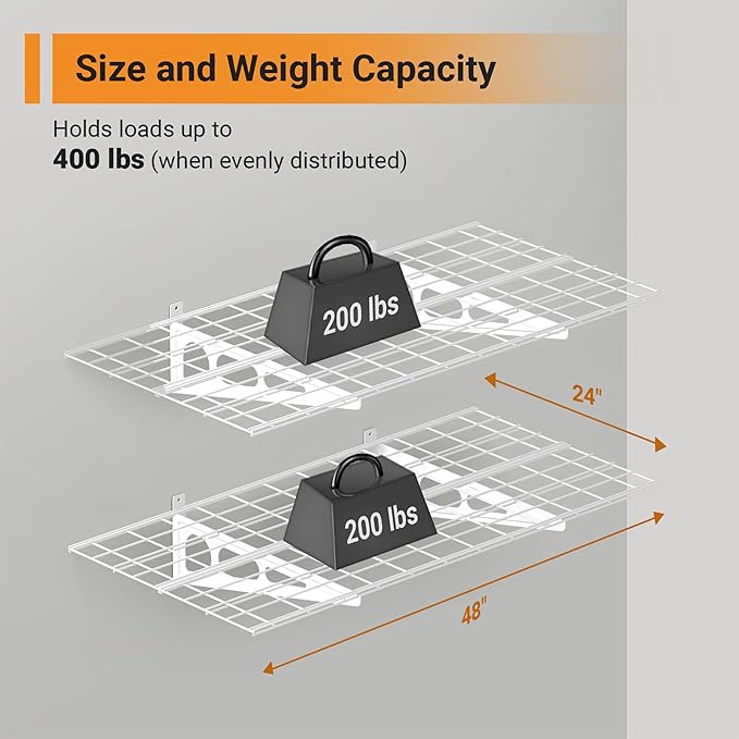 2x4 ft Garage Shelving, 2-Pack Wall-Mounted Shelves for Garage, Kitchen, Pantry Storage, 400 lbs Total Load Capacity Wall Shelving, White