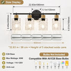 2025 Upgrade Bathroom Light Fixtures, 4-Light Coastal Vanity Lights with Crystal Glass Shade, Black Bathroom Wall Lamp for Mirror Kitchen Hallway Cabinet
