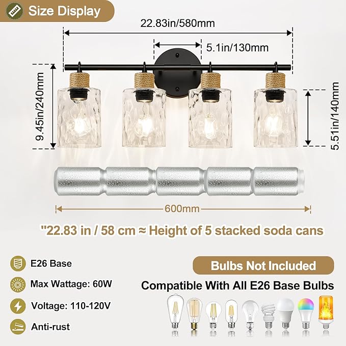 2025 Upgrade Bathroom Light Fixtures, 4-Light Coastal Vanity Lights with Crystal Glass Shade, Black Bathroom Wall Lamp for Mirror Kitchen Hallway Cabinet