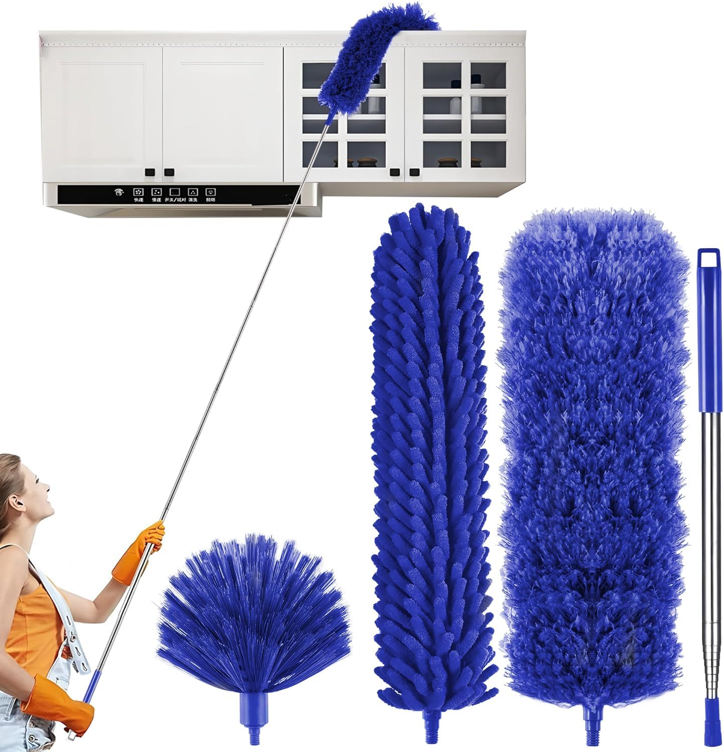 4 Pcs Microfiber Cobweb Duster with 100-inch Extendable Pole, Washable and Reusable Feather Cleaning Duster Kit with 3 Duster Heads,Dusters for Cleaning with Telescopic Pole for High Ceiling Fan,Blue