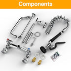 Commercial Sink Faucet Wall Mount with Pre Rinse Sprayer 8 inch Center Wall Mount Kitchen Sink Faucet 25" Height with 10" Add-on Swing Spout for 3 Compartment Sink-Round Sprayer