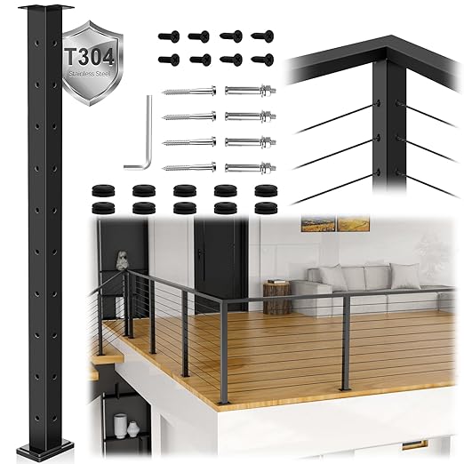 36" T304 L-drilled Cable Railing Corner Post(Post 35"x2"x2"), Wire Railing Post with Cable Grommets, Fixed Top Mount Stainless Steel Black Finish Deck Staircase Post