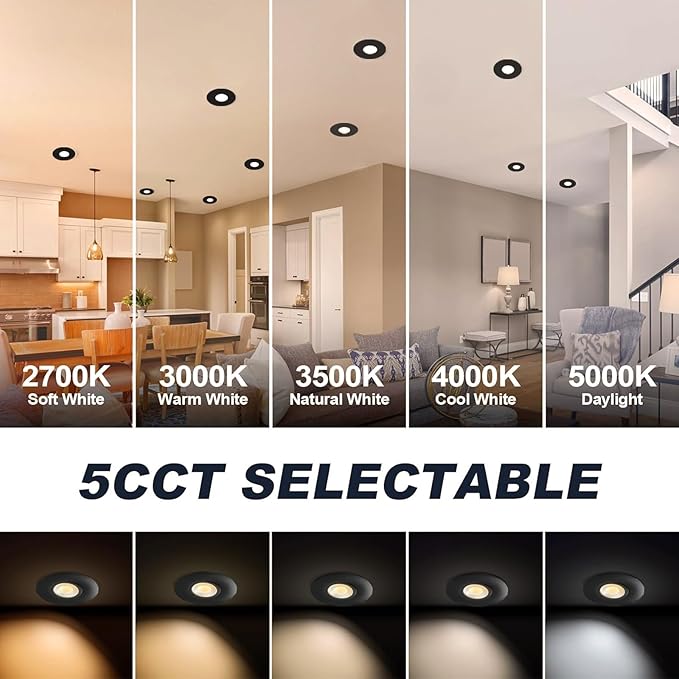 4 Pack Black 3-inch 5 CCT Gimbal LED Recessed/Downlight Color Selectable 2700K/3000K/3500K/4000K/5000K 800Lm 10W 120V Dimness Adjustable LED Lights