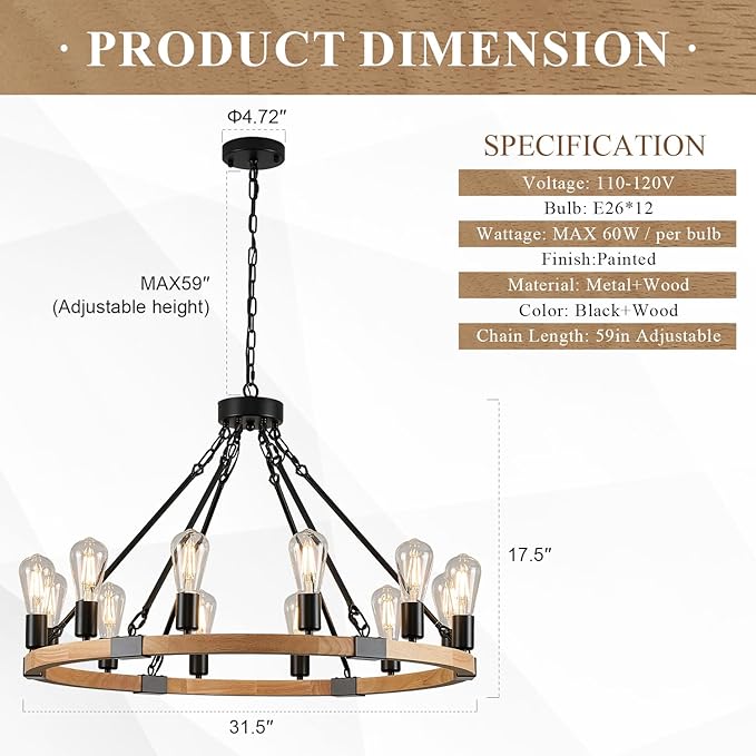 31.5'' 12 Lights Wooden Wagon Wheel Chandelier Natural Farmhouse Wood Round Chandelier Black Rustic Light Fixture for Living Dining Room Entryway Foyer Kitchen