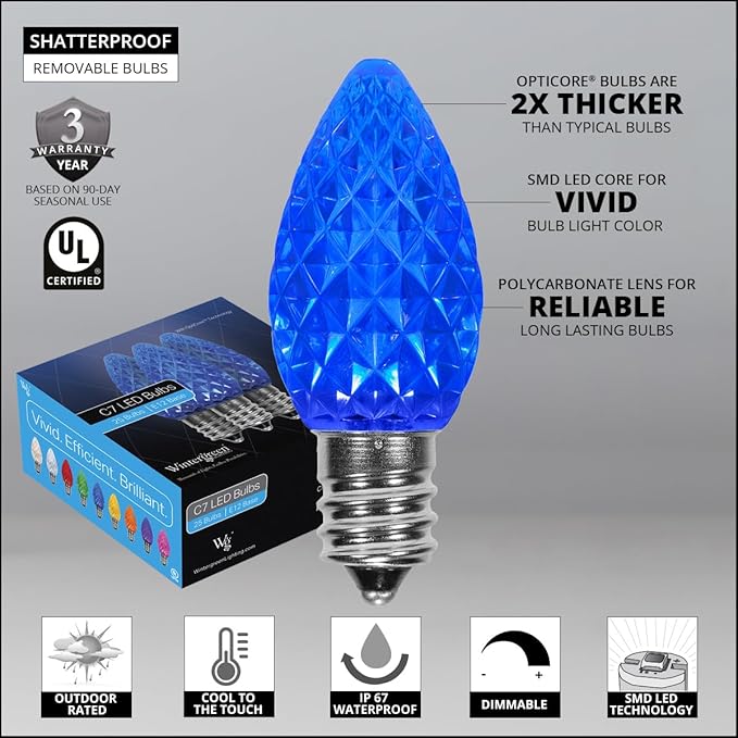 Wintergreen Lighting 25 Pack OptiCore C7 LED Christmas Light Bulbs - Heavy Duty Premium Outdoor Christmas Lights, E12 Base (Blue Faceted)