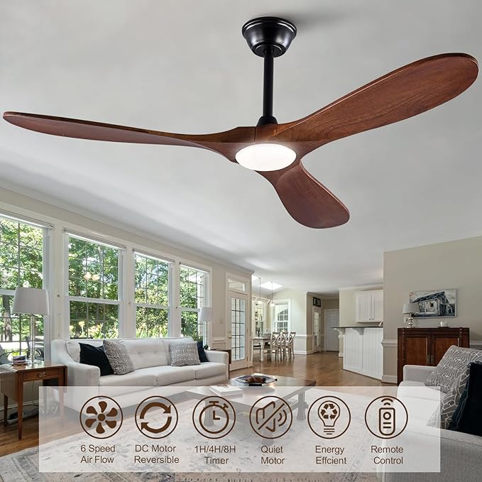 42 Inch Wood Ceiling Fan with Lights and Remote, Modern 3 Blade Fan, 6 Speed DC Motor for Indoor/Outdoor Use, Living Room, Bedroom, Patio