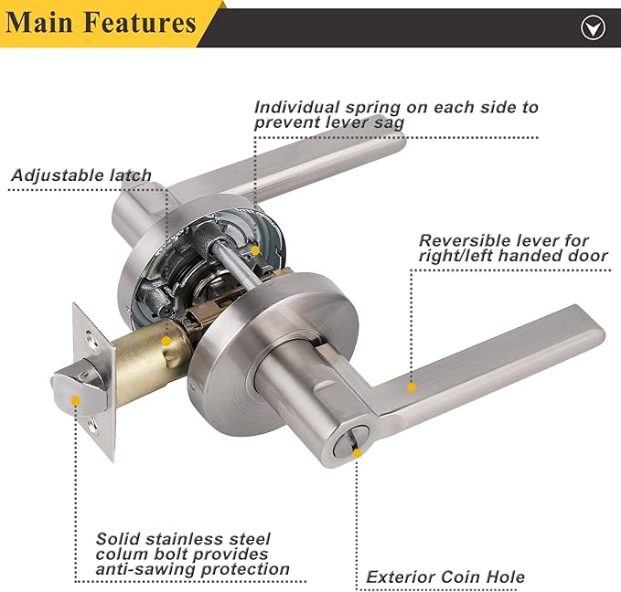 Probrico Satin Nickel Privacy Door Levers, Flat Interior Bath/Bed Door Handles, Reversible for Right & Left Handed Bedroom/Bathroom Doors, 2 Pack