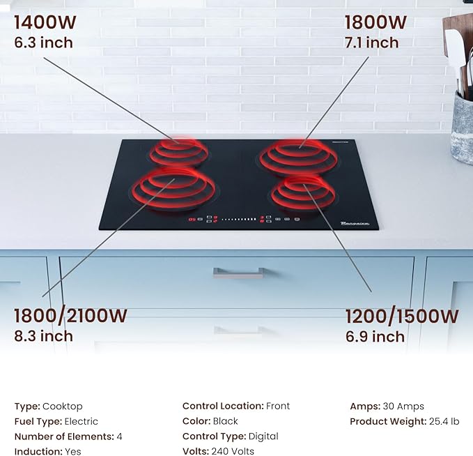 Rangaire RCI241S 24" Induction Cooktop, 6700W, 4 Burners, Built-in Stove Top, Booster & Timer, 9 Power Levels, Slide Touch Control, Child Safety Lock, 240V Hard Wire, Ceramic Surface