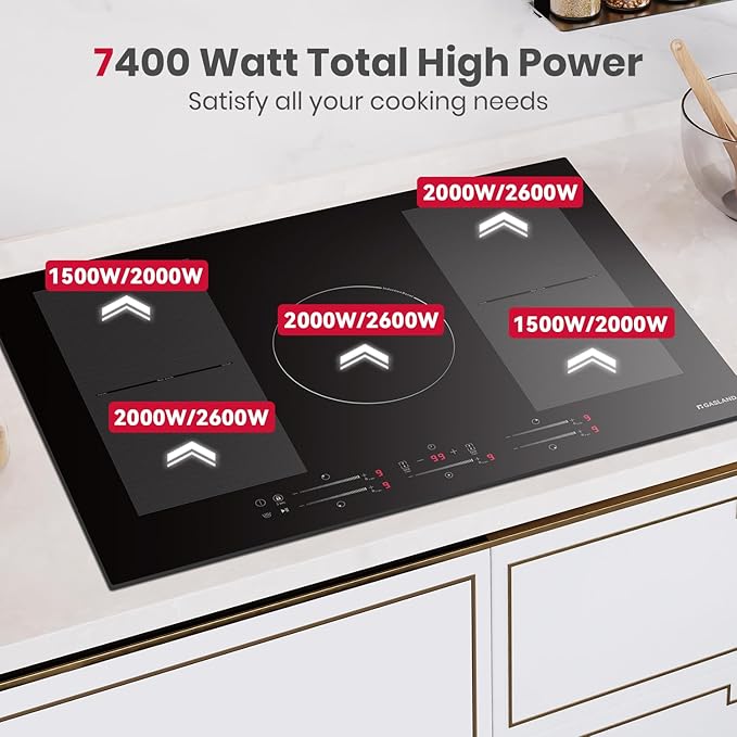 GASLAND Induction Cooktop 30 Inch, Built-in Glass Stove Top IH77BFH 5 Booster Burners Including 2 Flexi Element, 240V Electric Cooktop, 9 Power Levels, Sensor Touch Control, Safety Lock & Timer