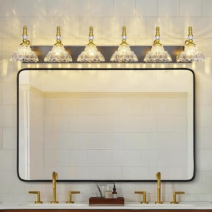Vintage Bathroom Vanity Light, 6-Light Black Gold Vanity Lighting Fixture with Flower Glass Shade, Bathroom Lighting Fixtures Over Mirror