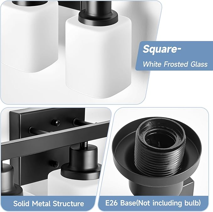 3-Light Bathroom Vanity Light,Modern Matte Black Bathroom Light Fixtures with Square Frosted Glass,Wall Sconces Lighting fixtures Over Mirror Restroom, Living Room Hallway