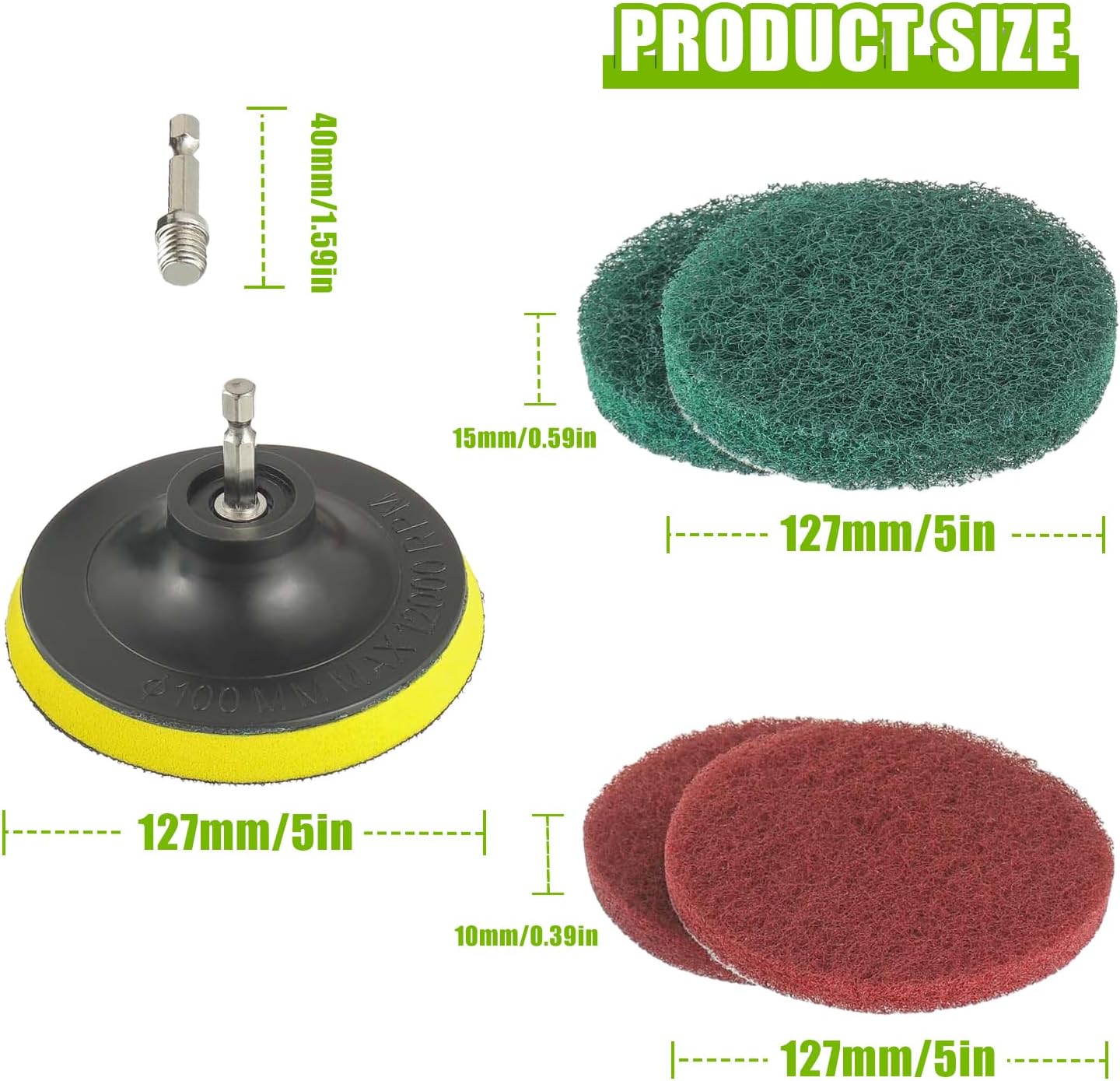5 Inch Scrub Drill Brush Power Scouring Pads Household Cleaning Set for Kitchen Bathroom 4 Red Pads 4 Green Pads 1 Drill Attachment and 1 Universal Shaft