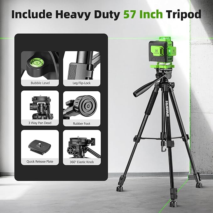 Huepar Laser Level 4x360 Self Leveling with 60" Tall Tripod, 4D Green Cross Line Lazer Leveler Tool with Outdoor Pulse Mode, 16 Lines Great for Tiling, Ceiling, Wall Work & DIY Home Renovation