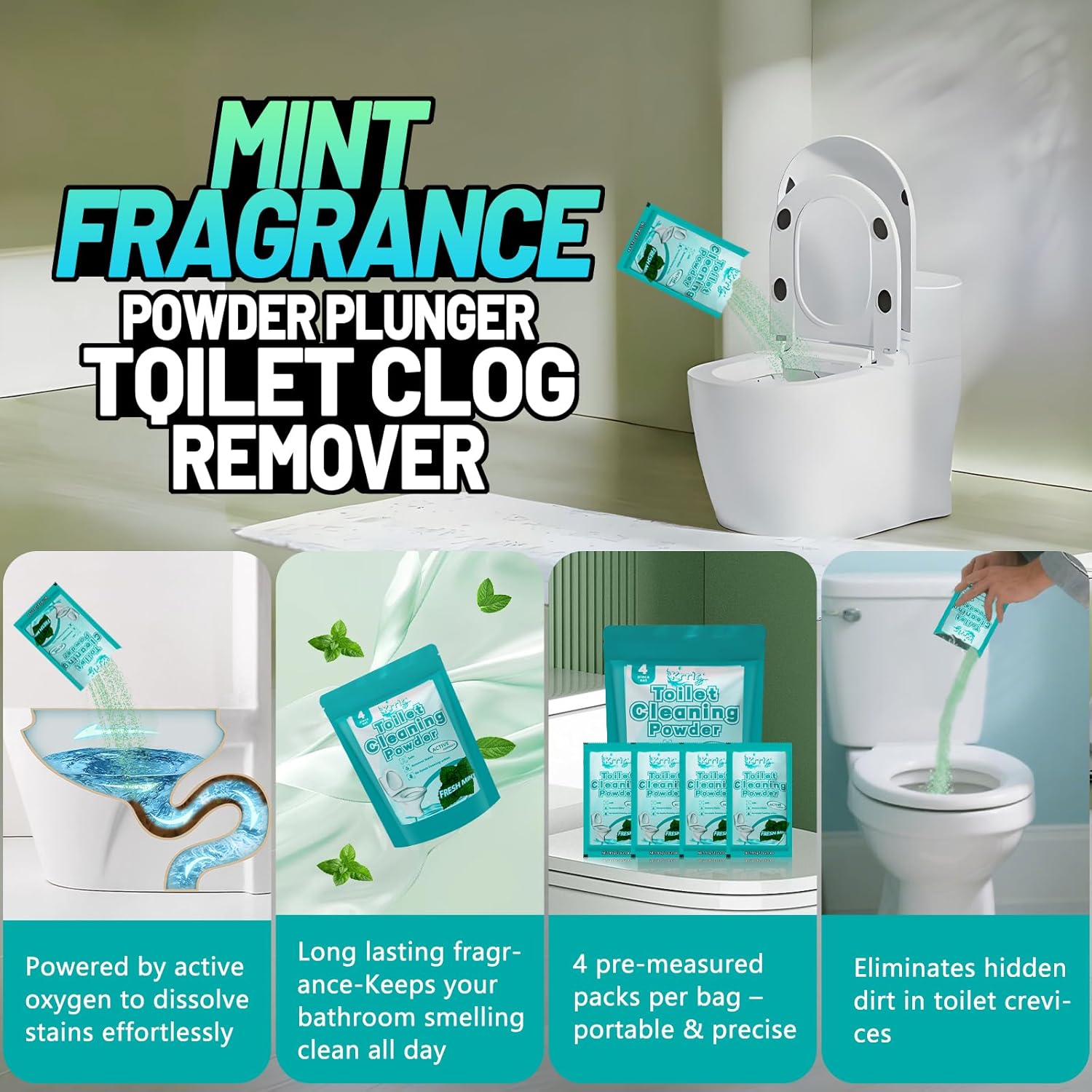 Toilet Bowl Cleaner Powder - Self-Activating Toilet Cleaner for Stubborn Stains & Limescale, Deep Cleaning Foam with Mint Fragrance, Safe Toilet Cleaning Supplies (4 Packs × 3 oz)