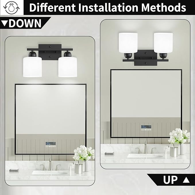 2 Light Black Bathroom Light Fixture, Modern Bathroom Lights with Milky White Frosted Glass Shades for Mirror Living Room Bedroom Hallway E26 Base