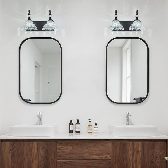 Vintage Bathroom Vanity Light, 2-Light Black Vanity Lighting Fixture with Flower Glass Shade, Bathroom Lighting Fixtures Over Mirror