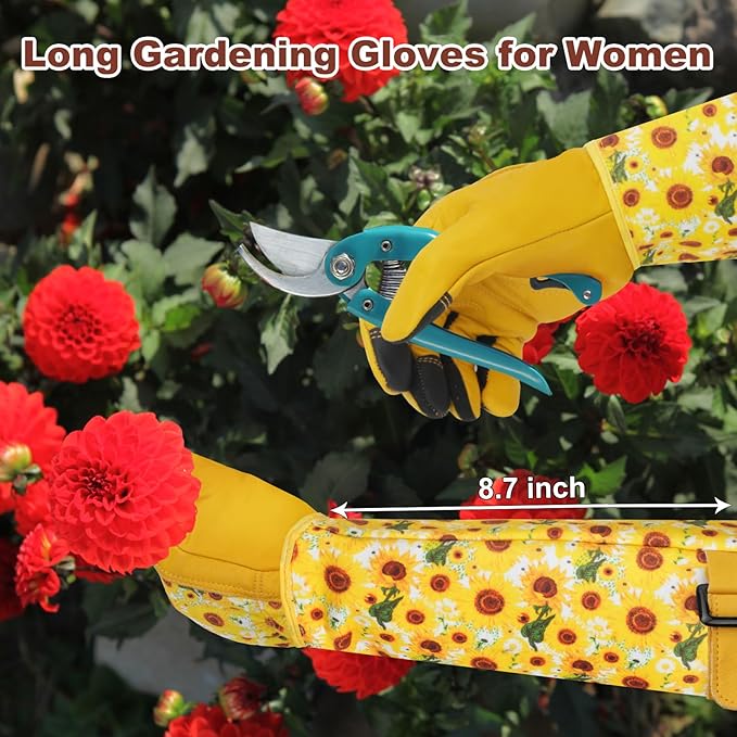 DLY Gardening Gloves for Women, Rose Gloves Gardening Thorn Proof, Long Garden Gloves for Women, Breathable Cowhide Leather Gauntlet (Medium, Yellow