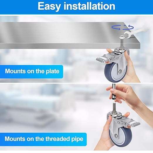 4 inch Stainless Steel Caster Wheels, 1/2"-13x1-1/2 Threaded Stem Casters, TPR Rubber Wheels for Furnitures,Restaurant,Labs,Hospital (4 with Brake, Red PU, 1/2“-13x1-1/2)